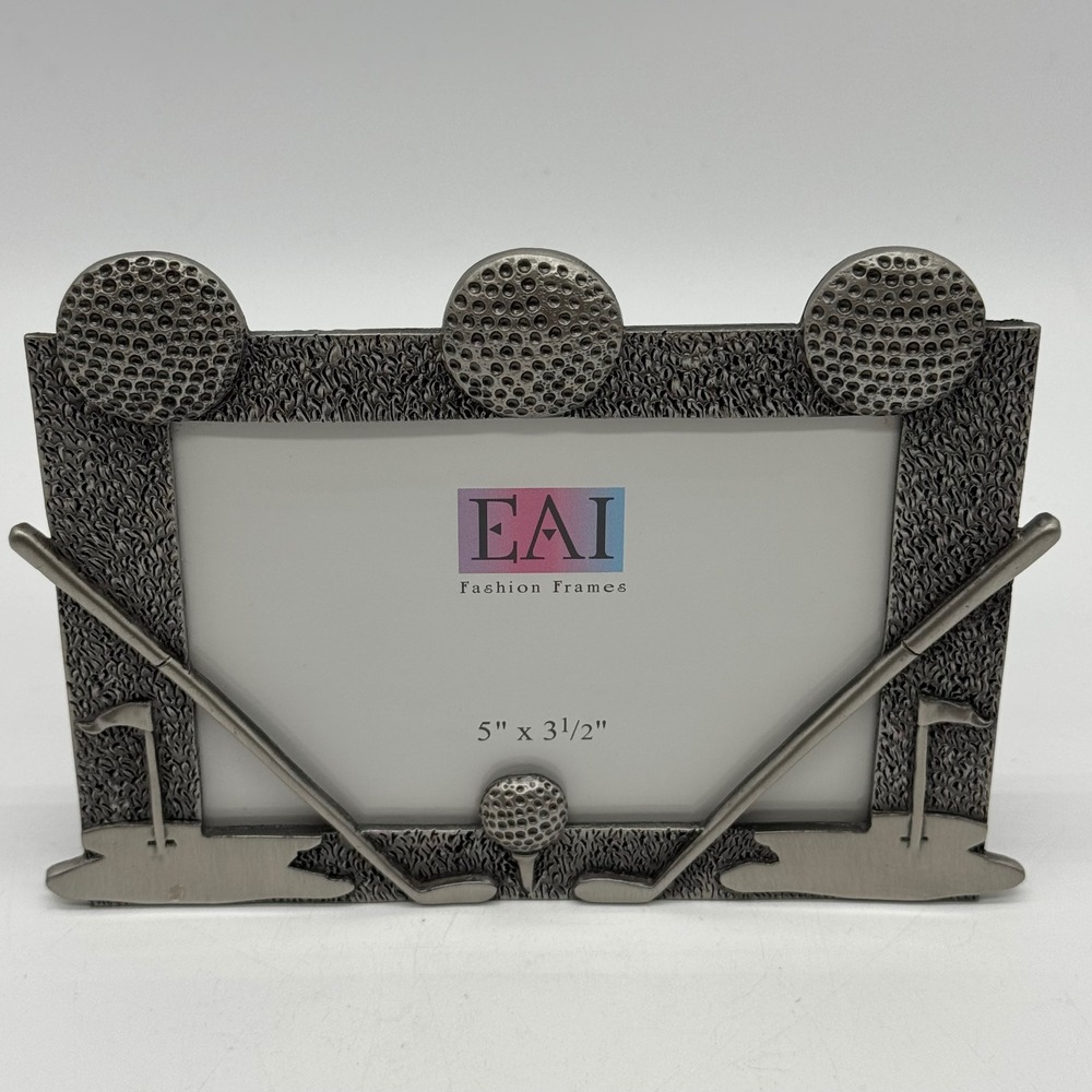 Vintage EAI Pewter Golf Picture Frame Crossed Clubs Ball 3D Metal Sports Photo